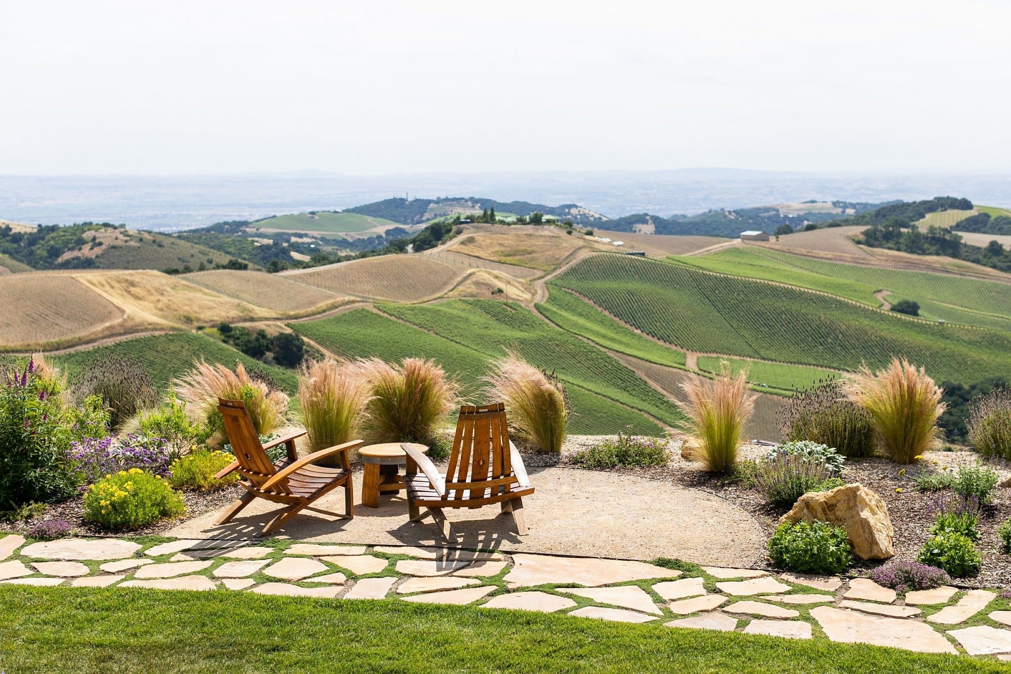 Two Adirondack chairs overlook the vineyards on DAOU Mountain
