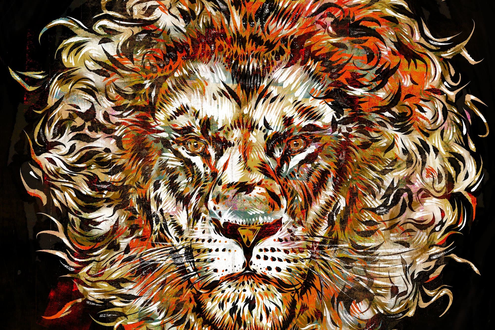 Abstract painting of the face of a lion